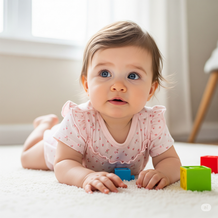 A baby laying down on a carpet.