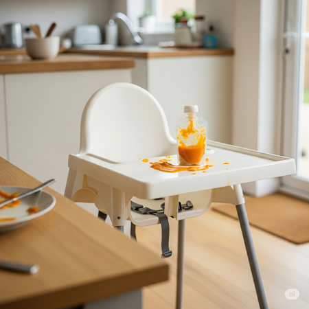 High chair with food pouch on it.
