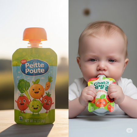 A baby food pouch and a baby unhappy eating it.