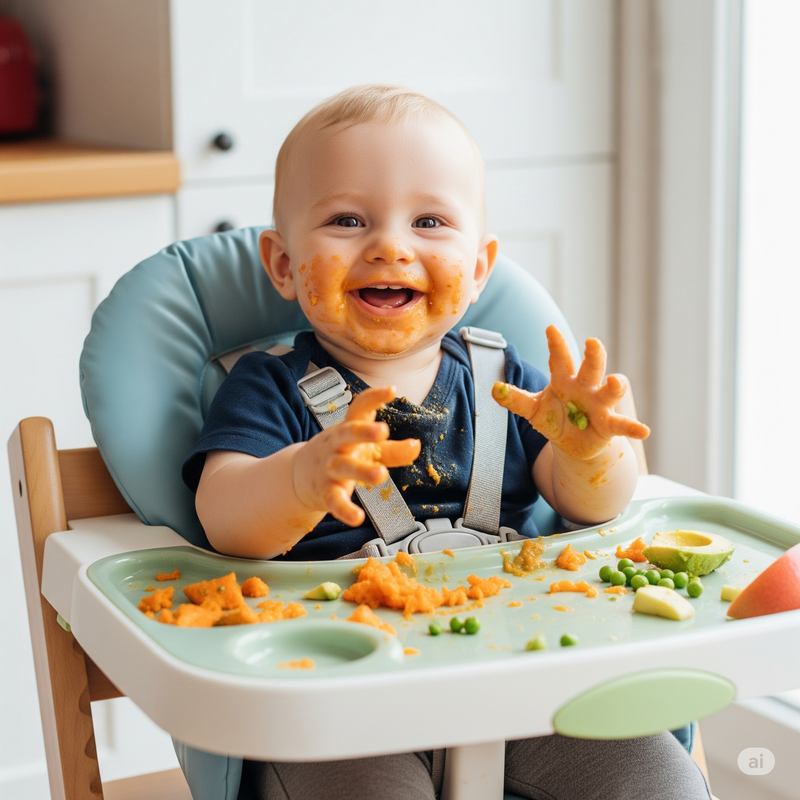 Baby very happy having healthy food in a high-chair